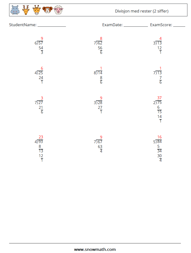 (12) Divisjon med rester (2 siffer) MathWorksheets 2 QuestionAnswer