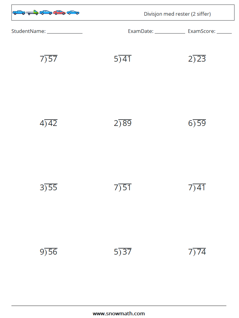 (12) Divisjon med rester (2 siffer) MathWorksheets 3