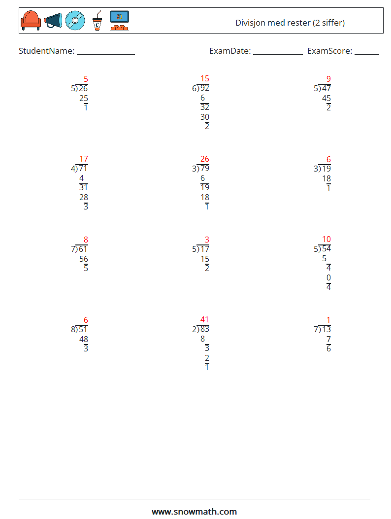 (12) Divisjon med rester (2 siffer) MathWorksheets 4 QuestionAnswer