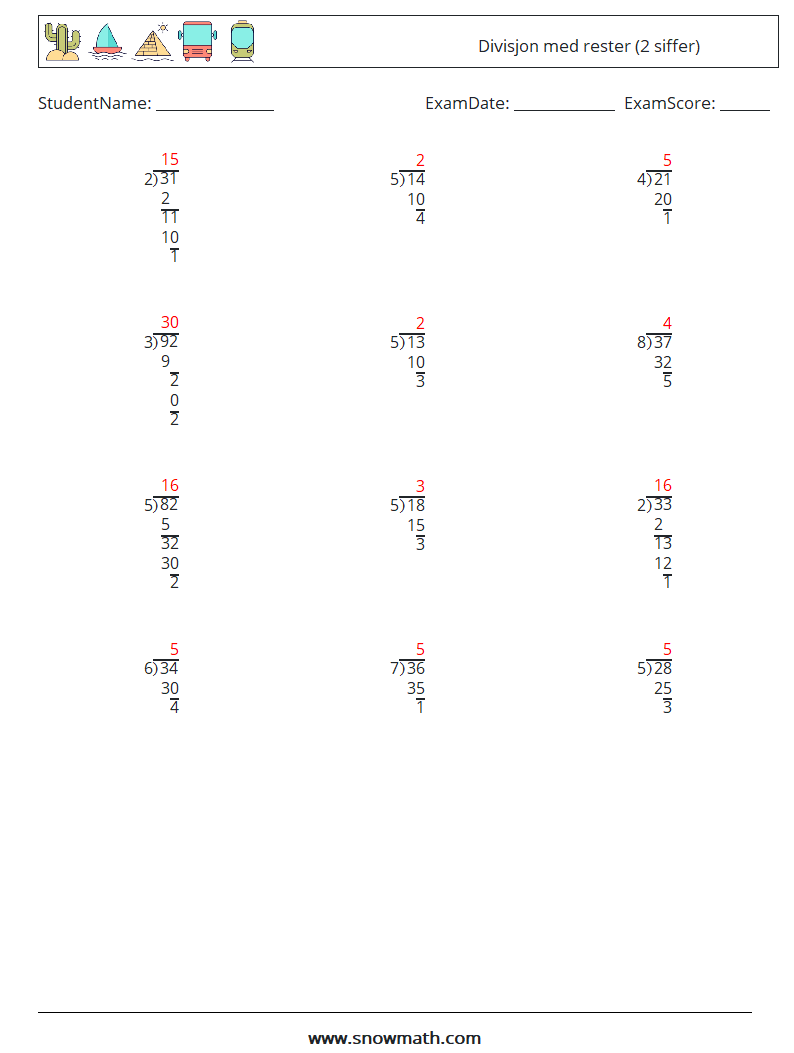 (12) Divisjon med rester (2 siffer) MathWorksheets 5 QuestionAnswer