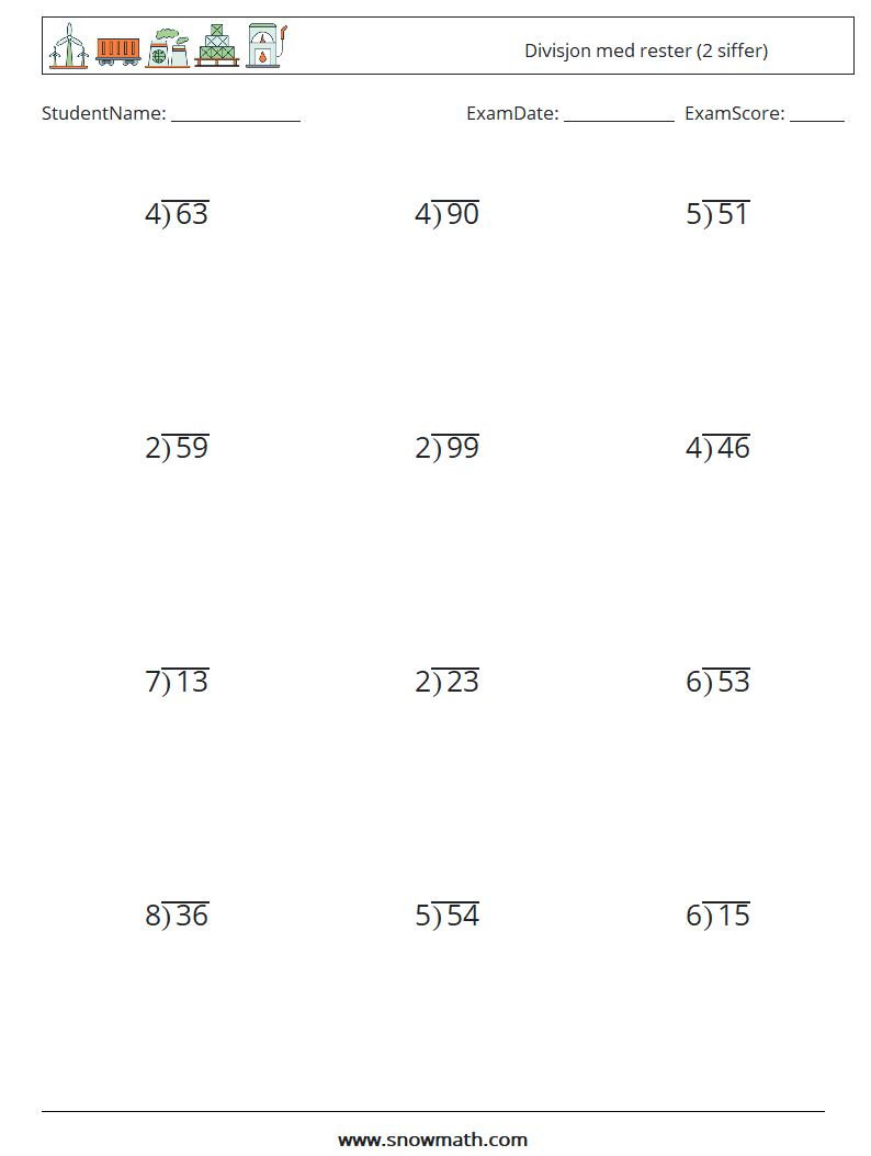 (12) Divisjon med rester (2 siffer) MathWorksheets 9