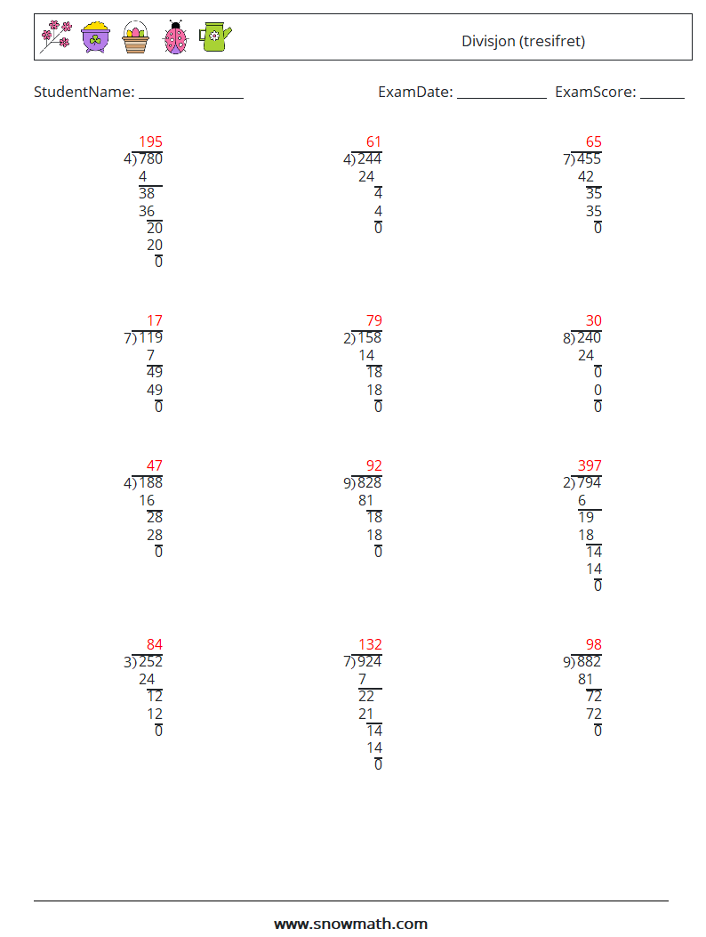 (12) Divisjon (tresifret) MathWorksheets 11 QuestionAnswer