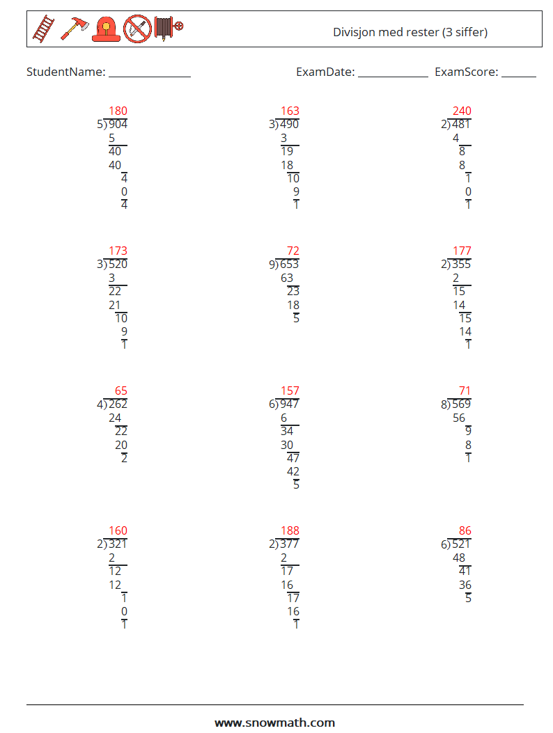 (12) Divisjon med rester (3 siffer) MathWorksheets 10 QuestionAnswer