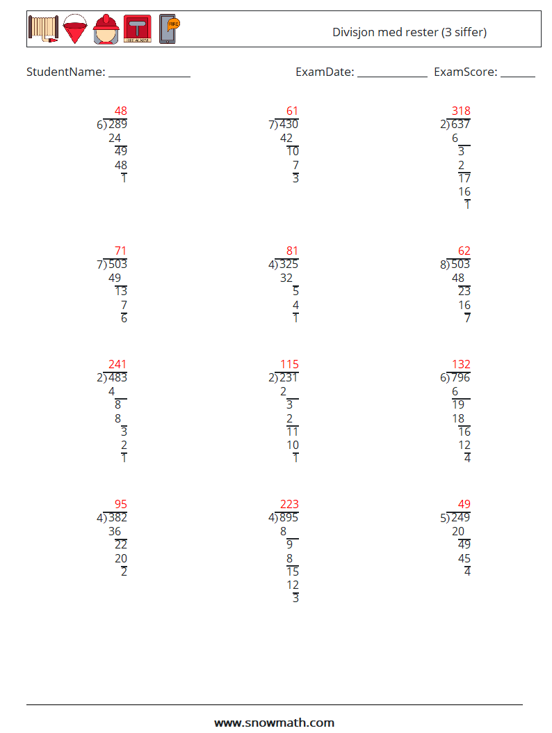 (12) Divisjon med rester (3 siffer) MathWorksheets 11 QuestionAnswer