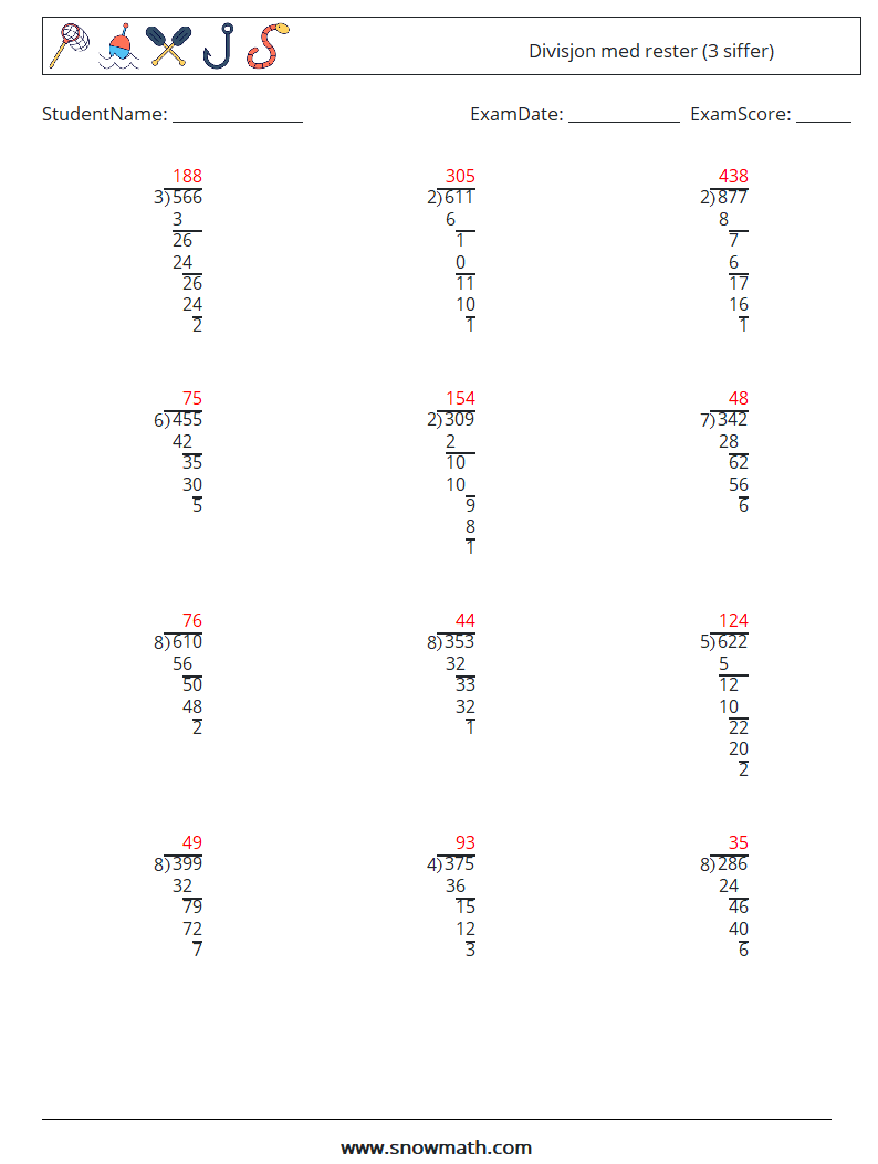 (12) Divisjon med rester (3 siffer) MathWorksheets 13 QuestionAnswer