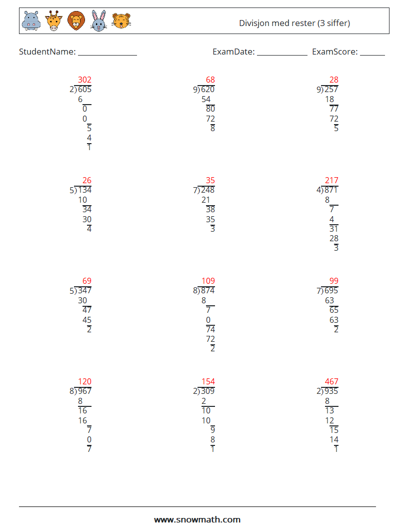 (12) Divisjon med rester (3 siffer) MathWorksheets 15 QuestionAnswer