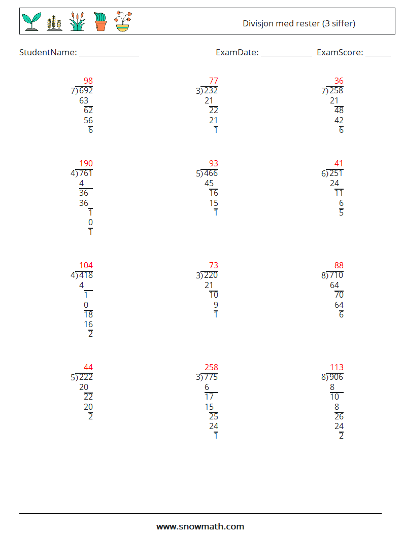 (12) Divisjon med rester (3 siffer) MathWorksheets 17 QuestionAnswer
