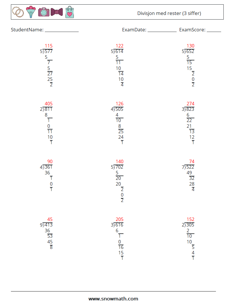 (12) Divisjon med rester (3 siffer) MathWorksheets 18 QuestionAnswer