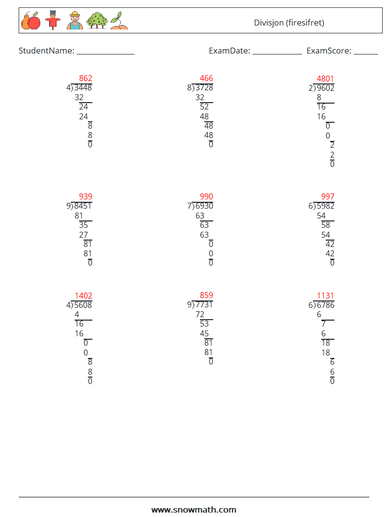 (9) Divisjon (firesifret) MathWorksheets 10 QuestionAnswer