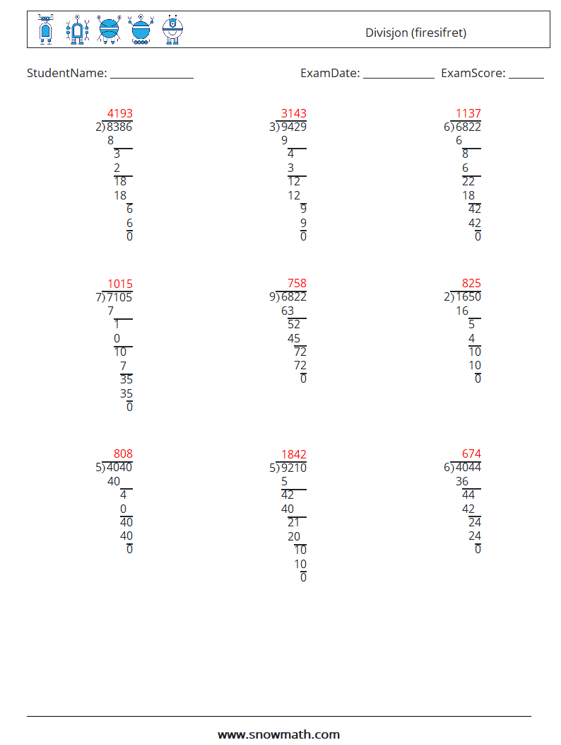 (9) Divisjon (firesifret) MathWorksheets 11 QuestionAnswer