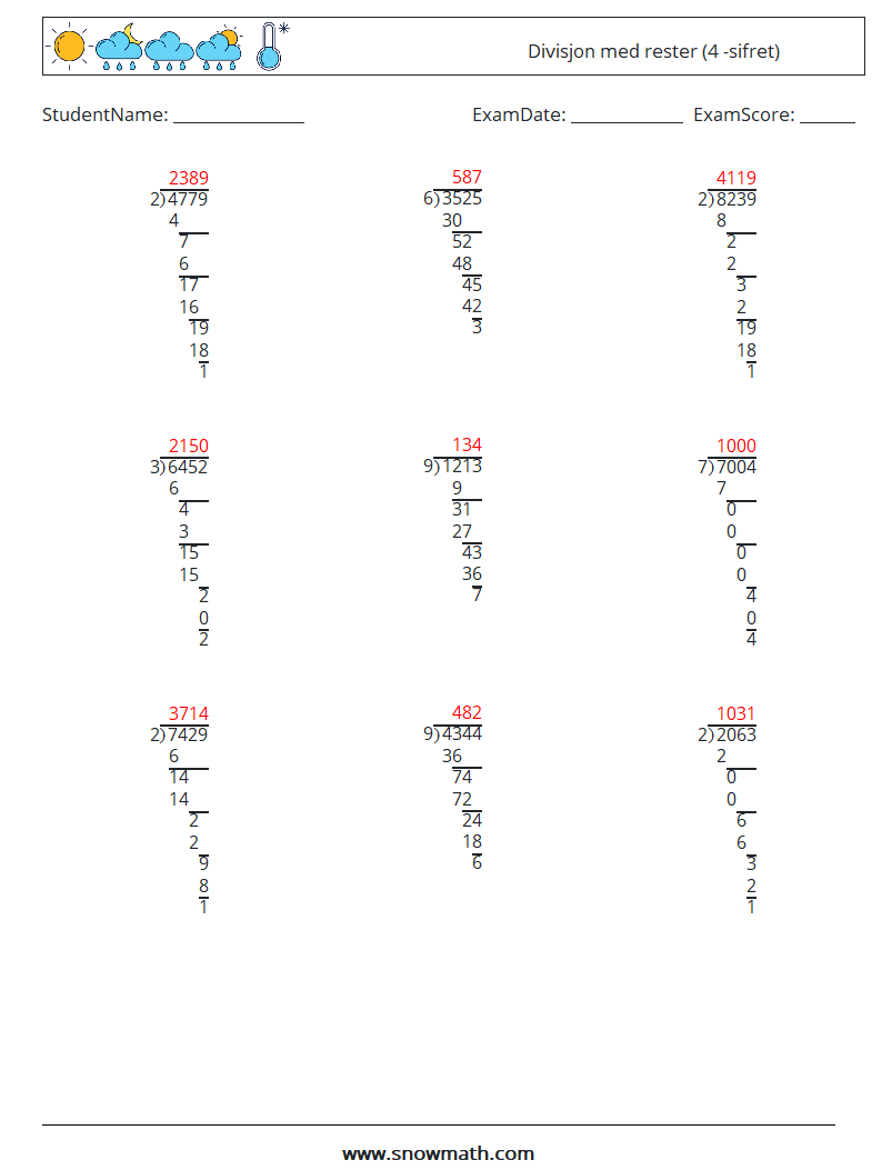 (9) Divisjon med rester (4 -sifret) MathWorksheets 12 QuestionAnswer