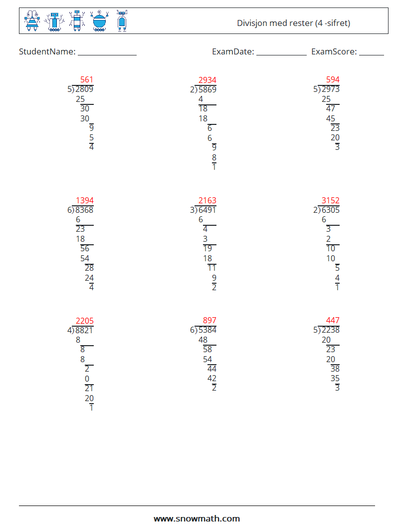 (9) Divisjon med rester (4 -sifret) MathWorksheets 13 QuestionAnswer