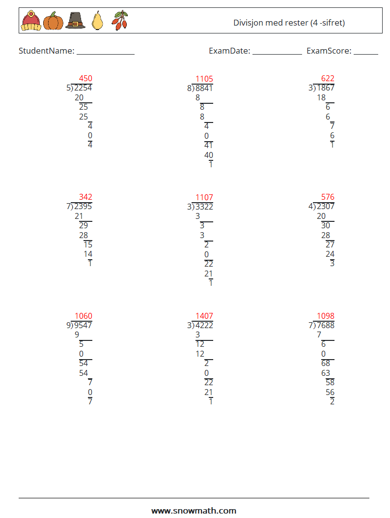 (9) Divisjon med rester (4 -sifret) MathWorksheets 17 QuestionAnswer