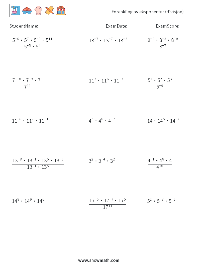 Forenkling av eksponenter (divisjon) MathWorksheets 4
