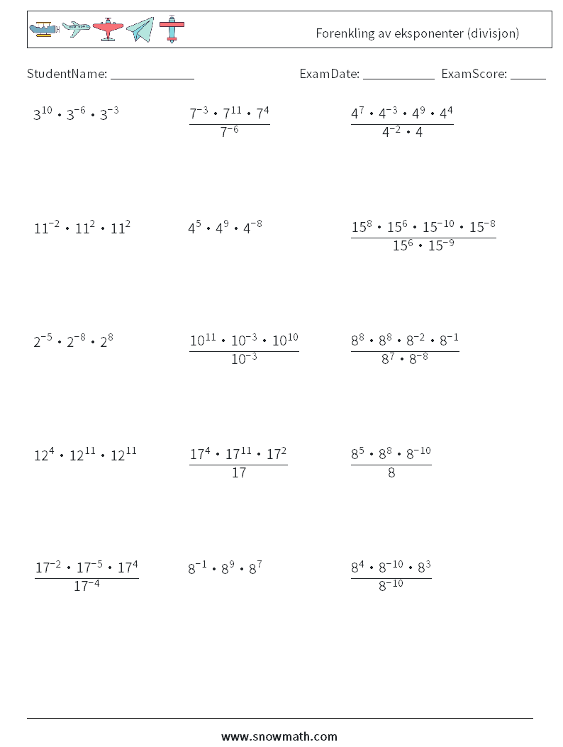 Forenkling av eksponenter (divisjon) MathWorksheets 6