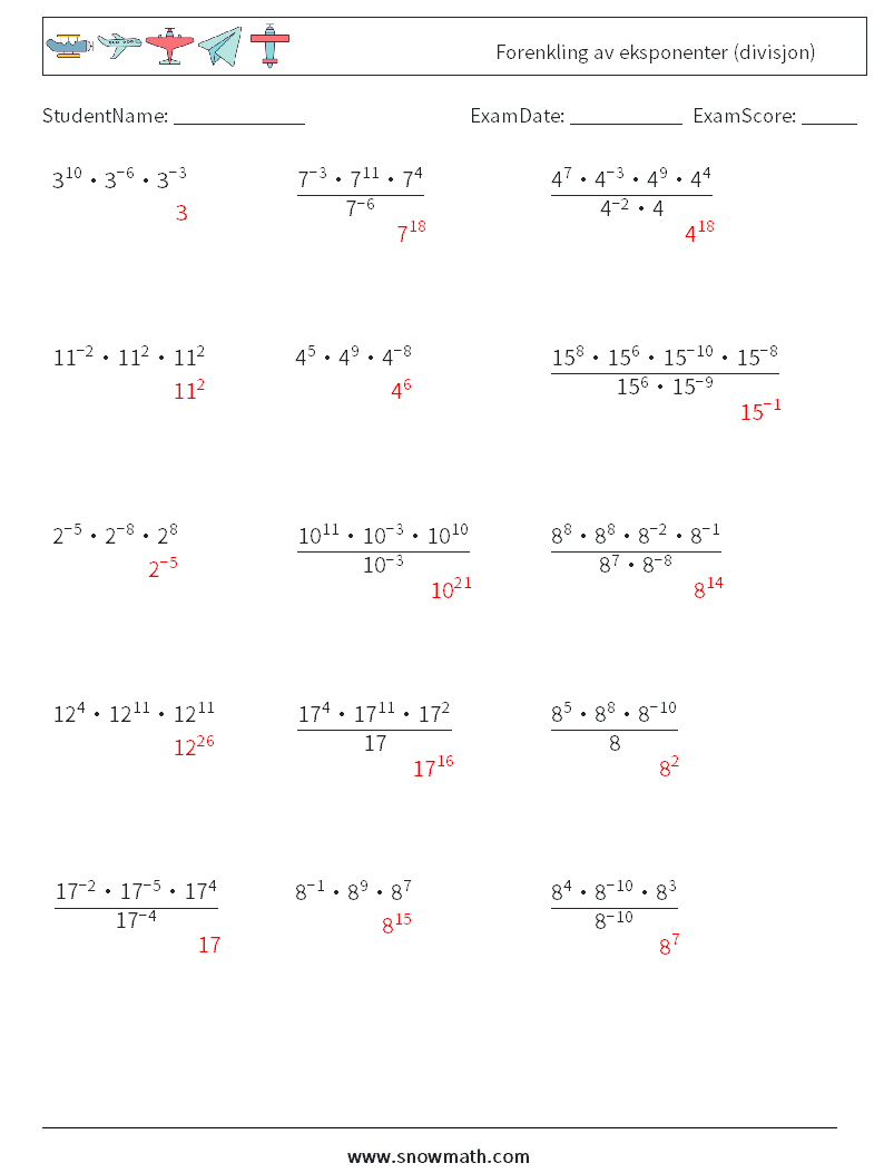 Forenkling av eksponenter (divisjon) MathWorksheets 6 QuestionAnswer