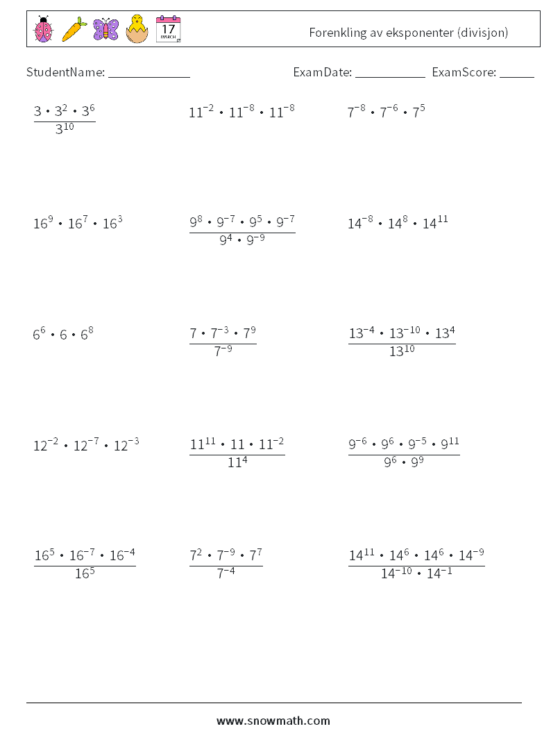 Forenkling av eksponenter (divisjon) MathWorksheets 8