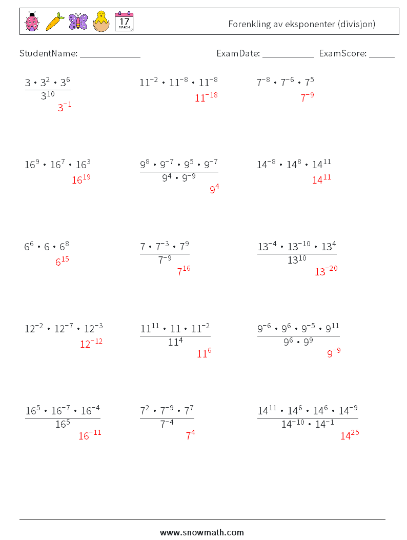 Forenkling av eksponenter (divisjon) MathWorksheets 8 QuestionAnswer