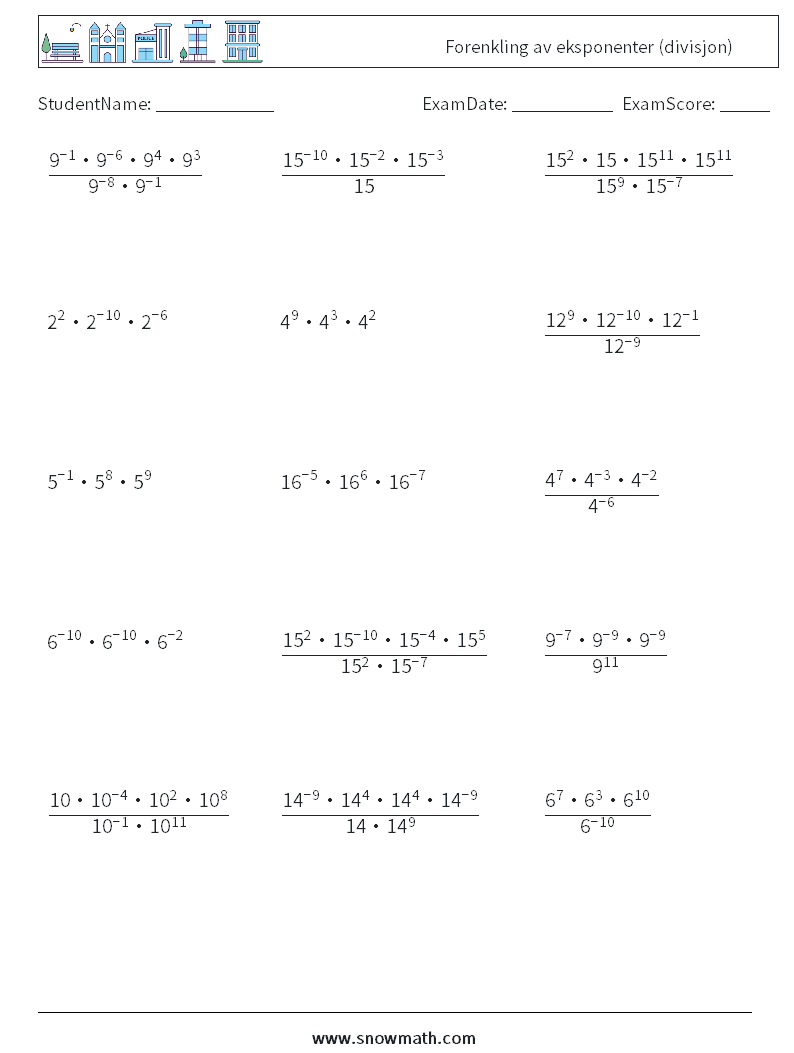 Forenkling av eksponenter (divisjon) MathWorksheets 9