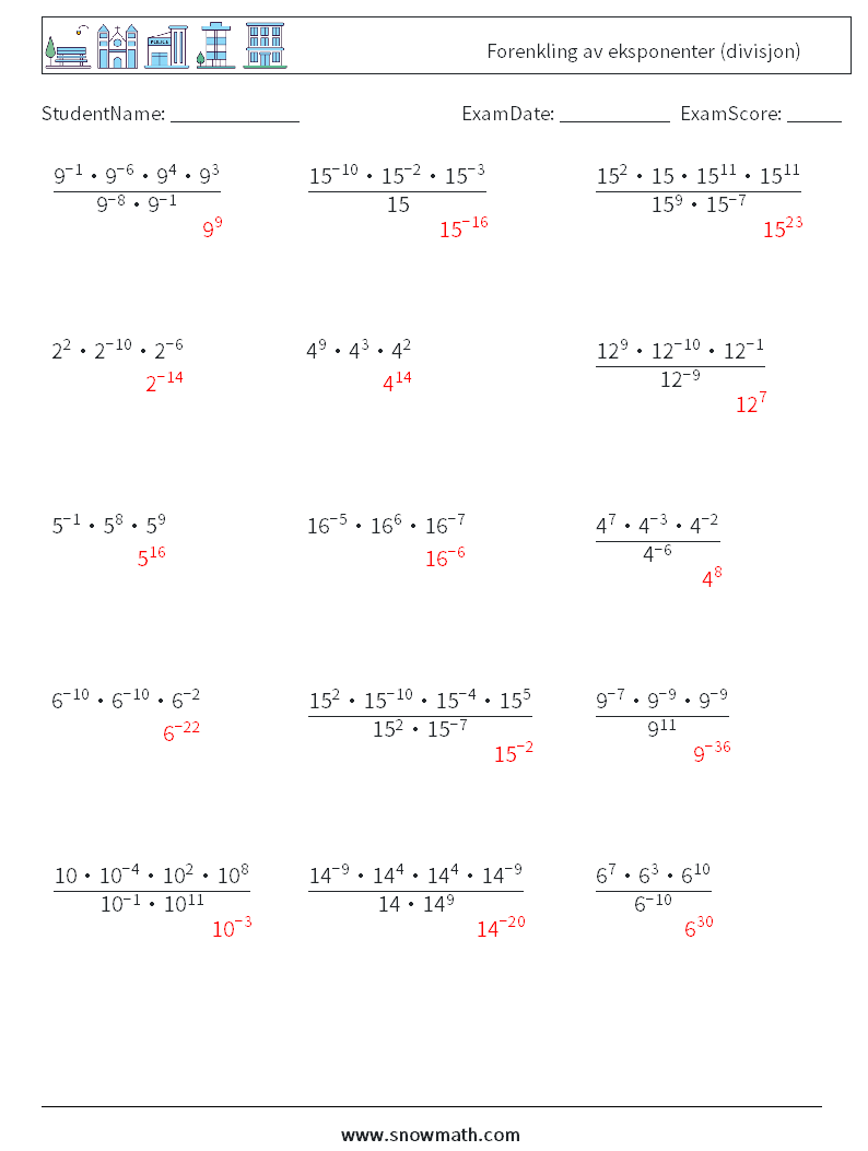 Forenkling av eksponenter (divisjon) MathWorksheets 9 QuestionAnswer