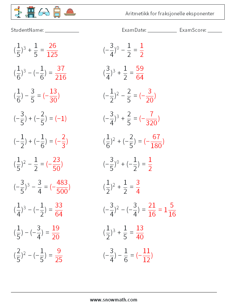 Aritmetikk for fraksjonelle eksponenter MathWorksheets 1 QuestionAnswer