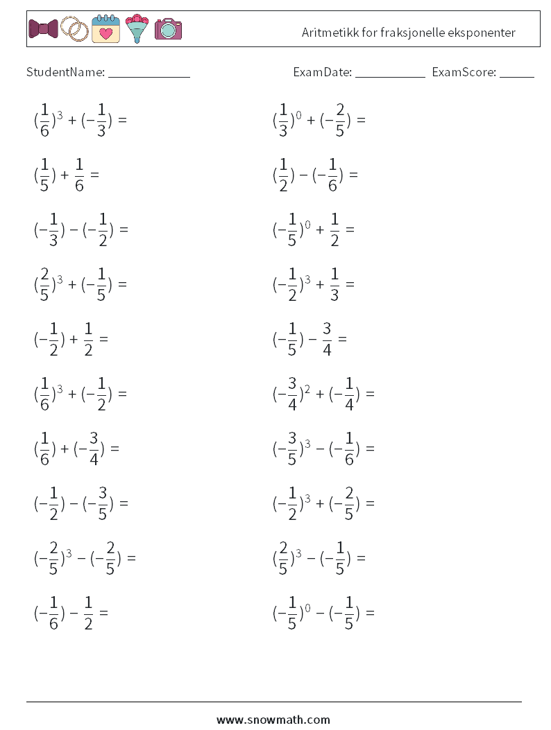 Aritmetikk for fraksjonelle eksponenter MathWorksheets 2