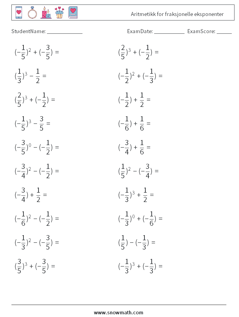 Aritmetikk for fraksjonelle eksponenter MathWorksheets 3