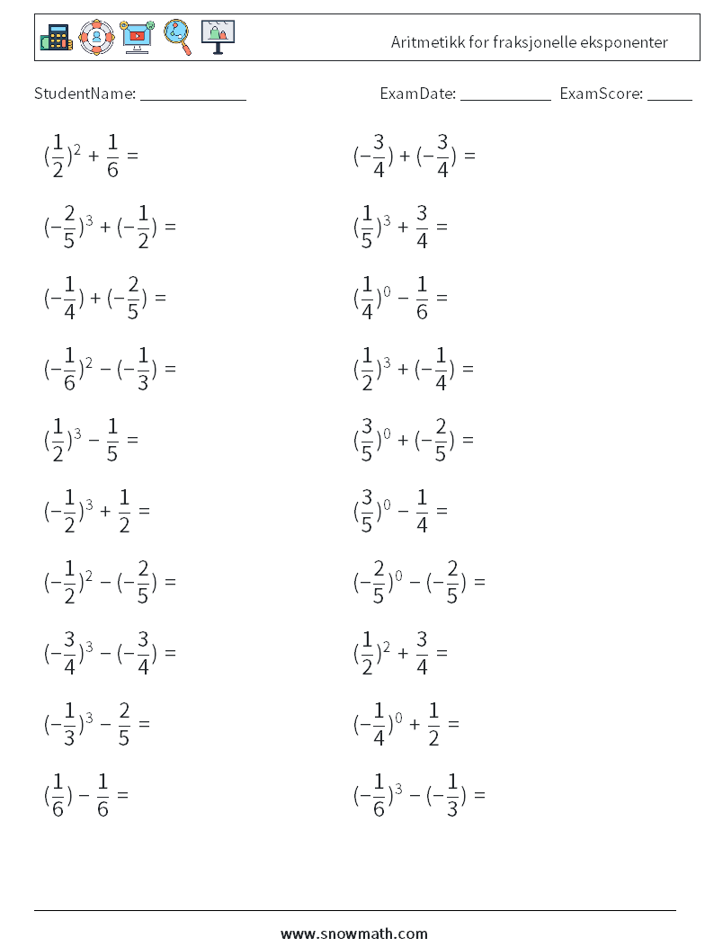 Aritmetikk for fraksjonelle eksponenter MathWorksheets 7