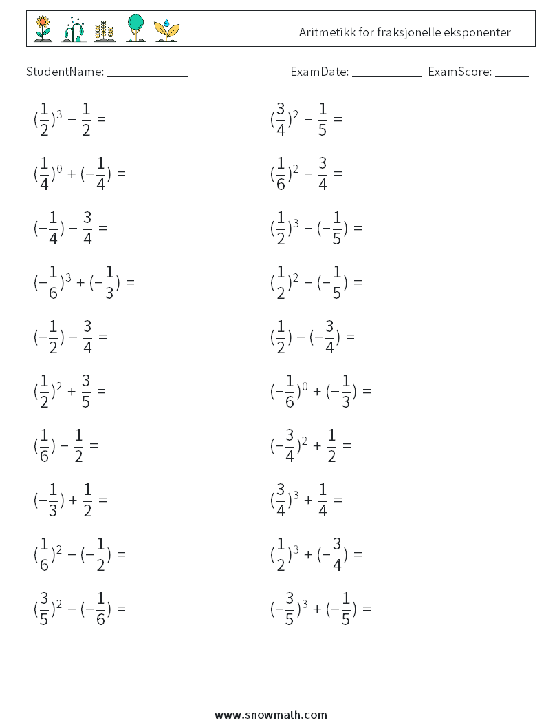 Aritmetikk for fraksjonelle eksponenter MathWorksheets 8