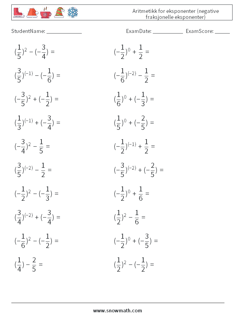  Aritmetikk for eksponenter (negative fraksjonelle eksponenter) MathWorksheets 2