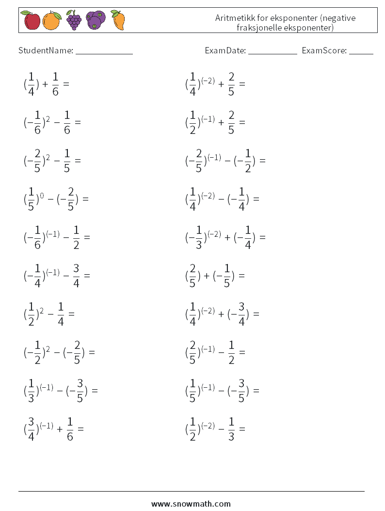  Aritmetikk for eksponenter (negative fraksjonelle eksponenter) MathWorksheets 3