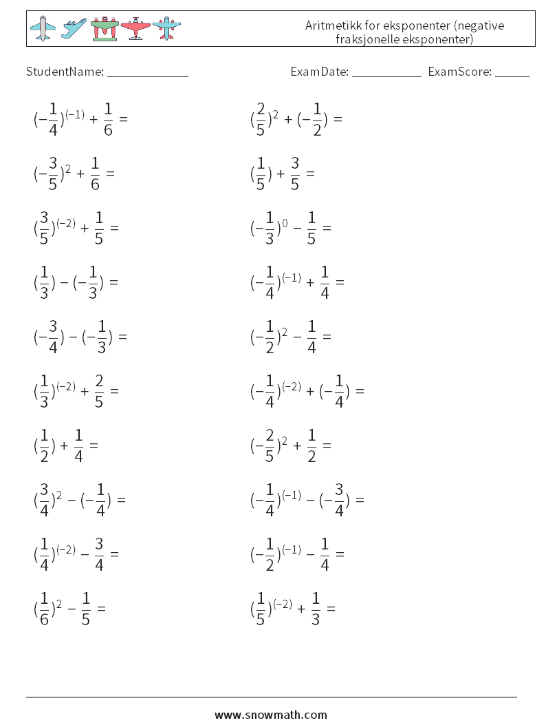  Aritmetikk for eksponenter (negative fraksjonelle eksponenter) MathWorksheets 4