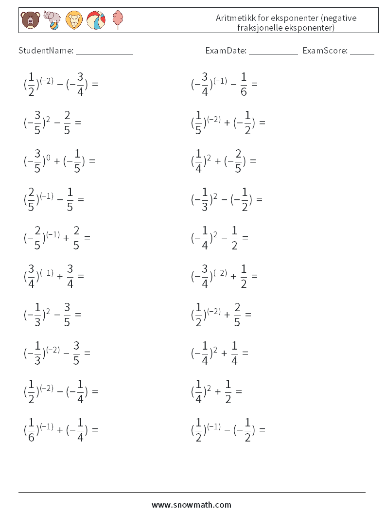 Aritmetikk for eksponenter (negative fraksjonelle eksponenter) MathWorksheets 5