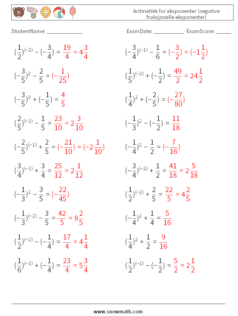  Aritmetikk for eksponenter (negative fraksjonelle eksponenter) MathWorksheets 5 QuestionAnswer
