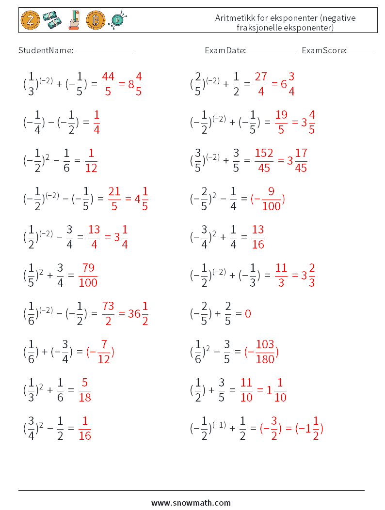  Aritmetikk for eksponenter (negative fraksjonelle eksponenter) MathWorksheets 7 QuestionAnswer