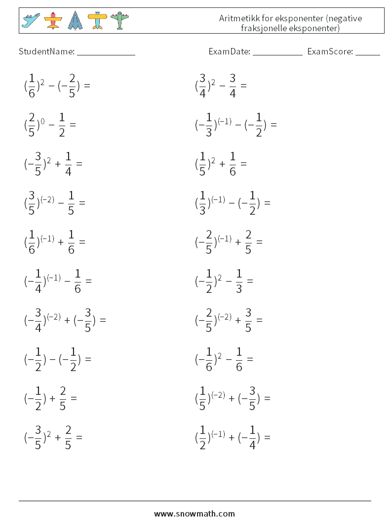  Aritmetikk for eksponenter (negative fraksjonelle eksponenter) MathWorksheets 9