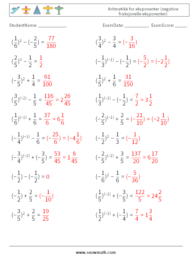  Aritmetikk for eksponenter (negative fraksjonelle eksponenter) MathWorksheets 9 QuestionAnswer