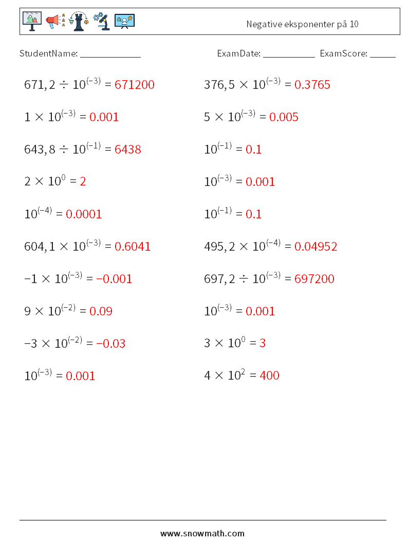Negative eksponenter på 10 MathWorksheets 7 QuestionAnswer