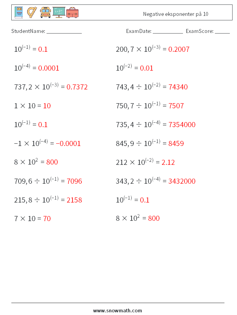 Negative eksponenter på 10 MathWorksheets 8 QuestionAnswer