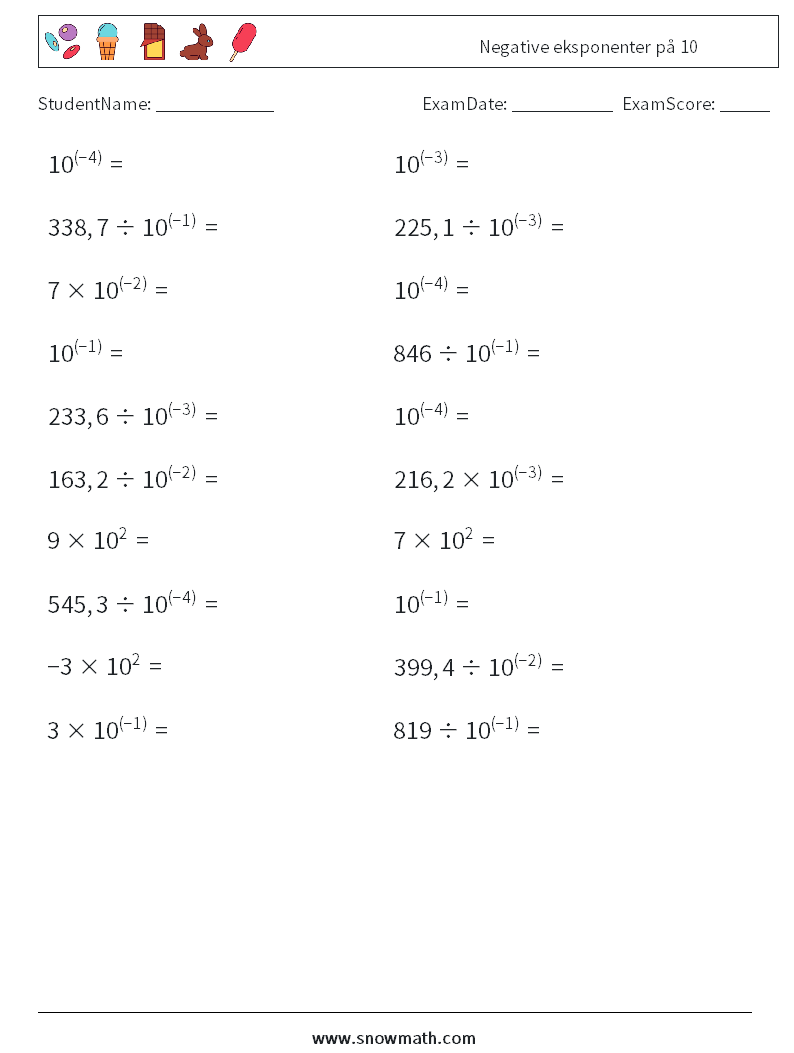 Negative eksponenter på 10 MathWorksheets 9