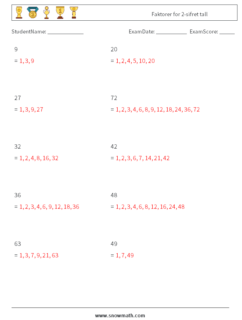 Faktorer for 2-sifret tall MathWorksheets 1 QuestionAnswer