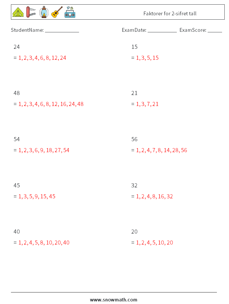 Faktorer for 2-sifret tall MathWorksheets 2 QuestionAnswer