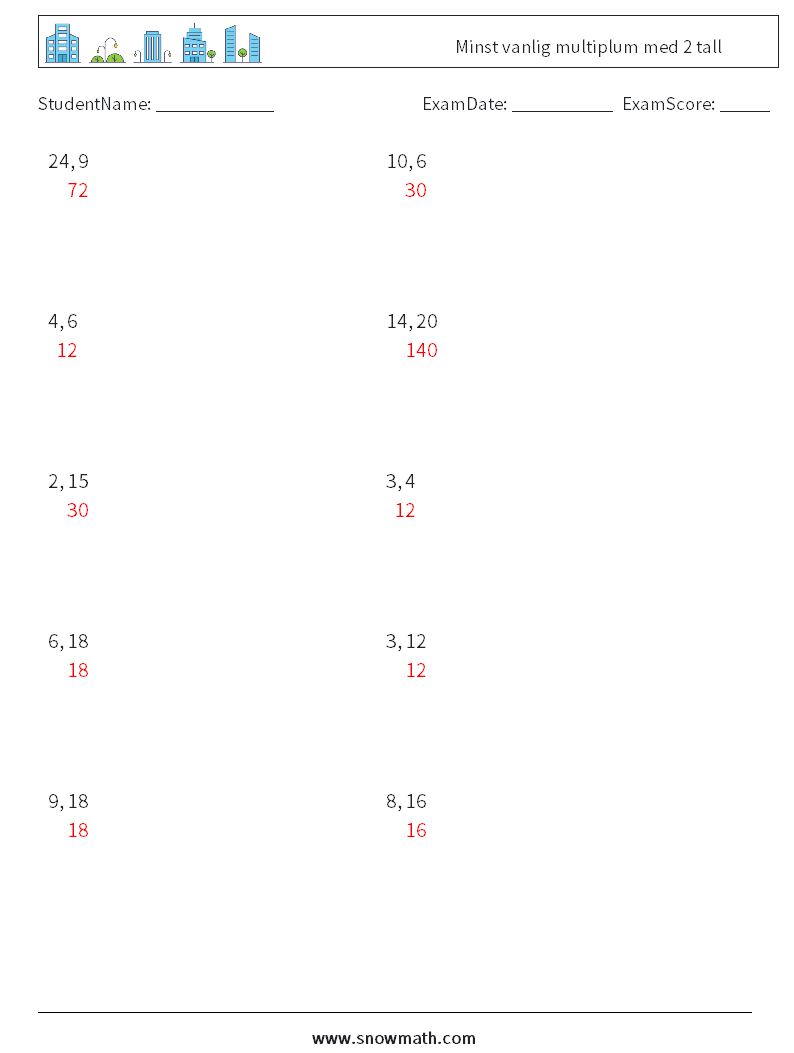 Minst vanlig multiplum med 2 tall MathWorksheets 1 QuestionAnswer