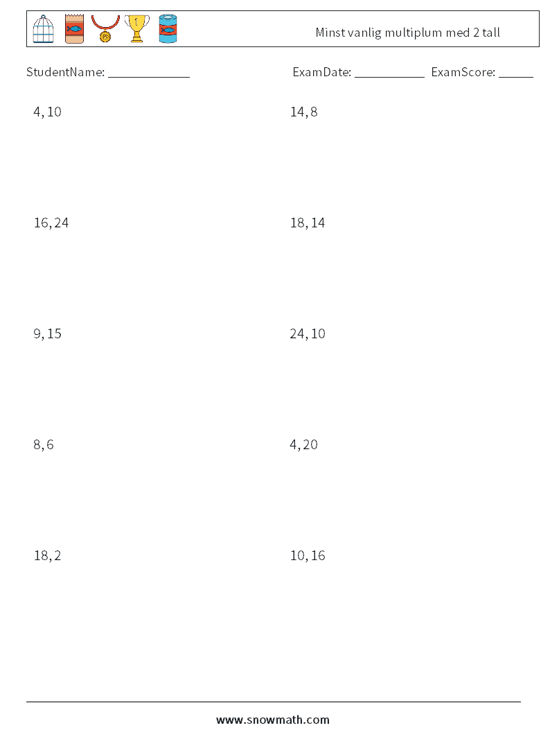 Minst vanlig multiplum med 2 tall MathWorksheets 2