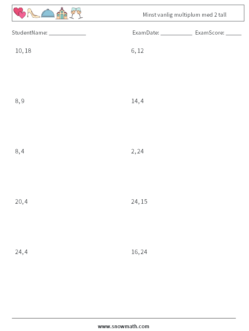 Minst vanlig multiplum med 2 tall MathWorksheets 6