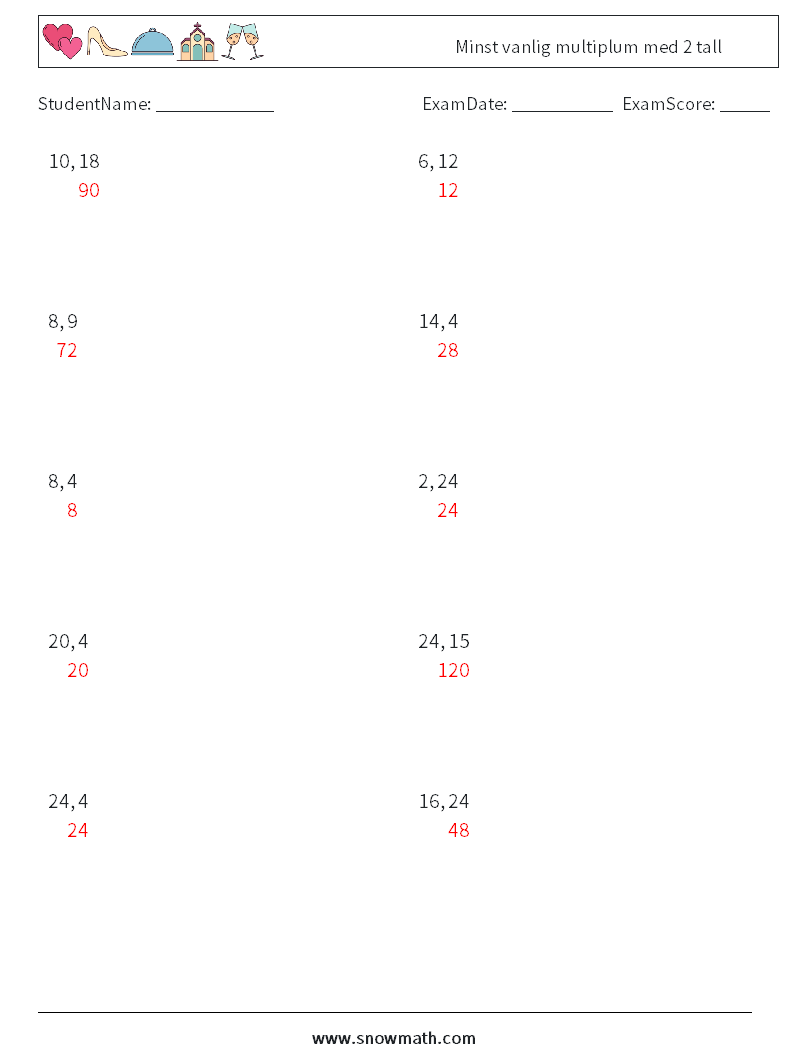 Minst vanlig multiplum med 2 tall MathWorksheets 6 QuestionAnswer