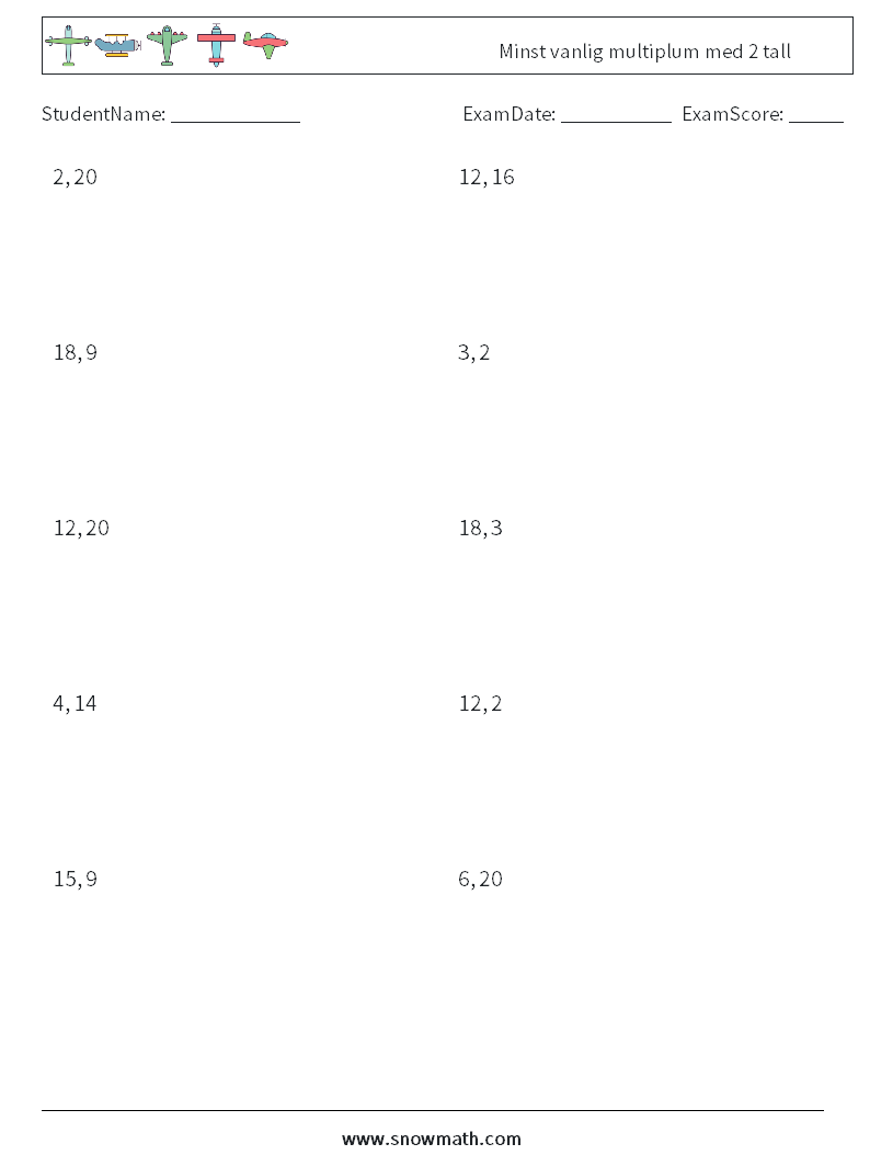 Minst vanlig multiplum med 2 tall MathWorksheets 7