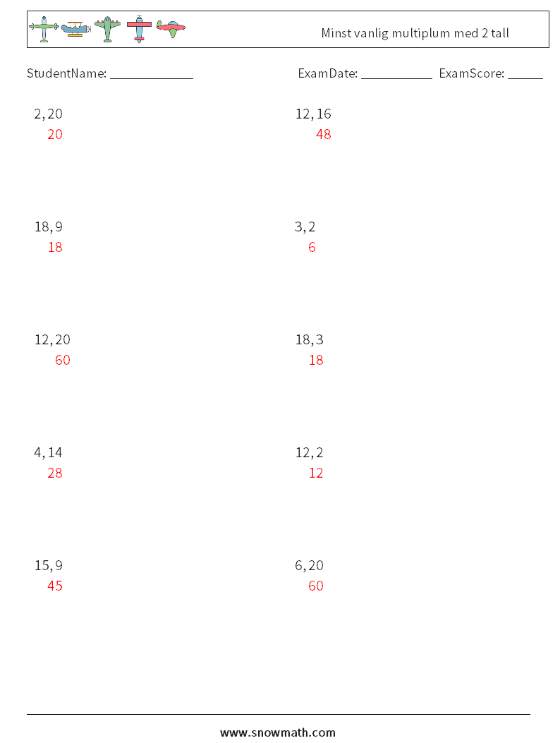 Minst vanlig multiplum med 2 tall MathWorksheets 7 QuestionAnswer