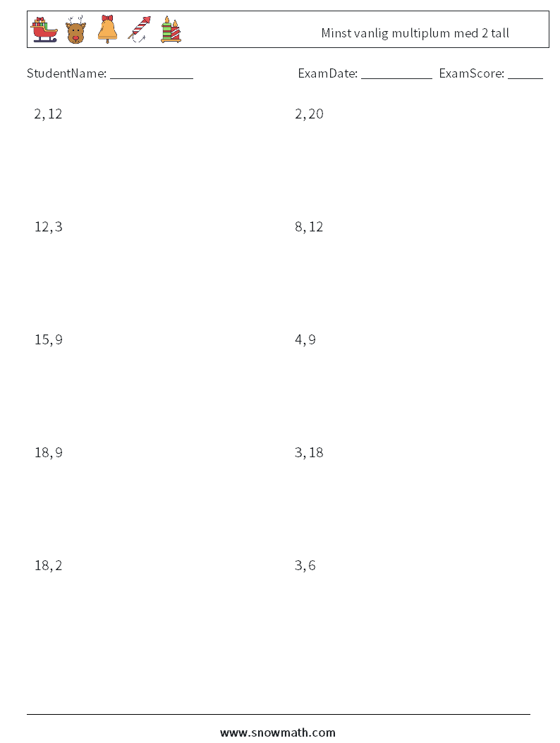 Minst vanlig multiplum med 2 tall MathWorksheets 9