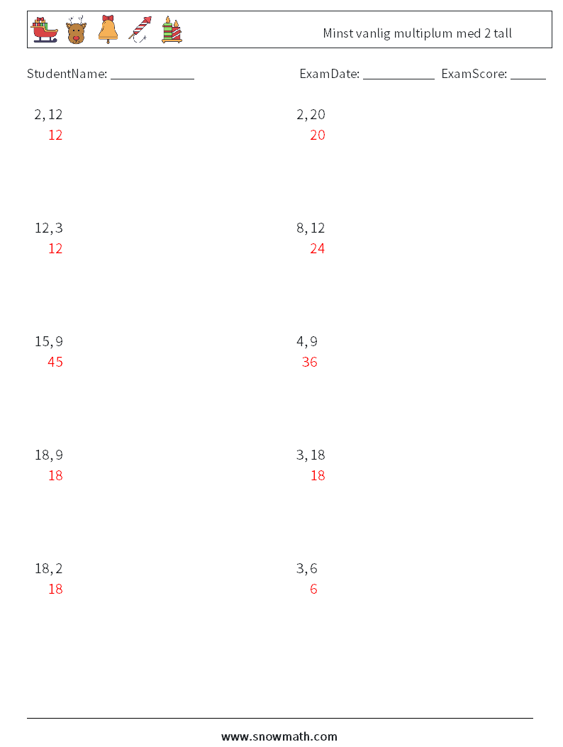 Minst vanlig multiplum med 2 tall MathWorksheets 9 QuestionAnswer